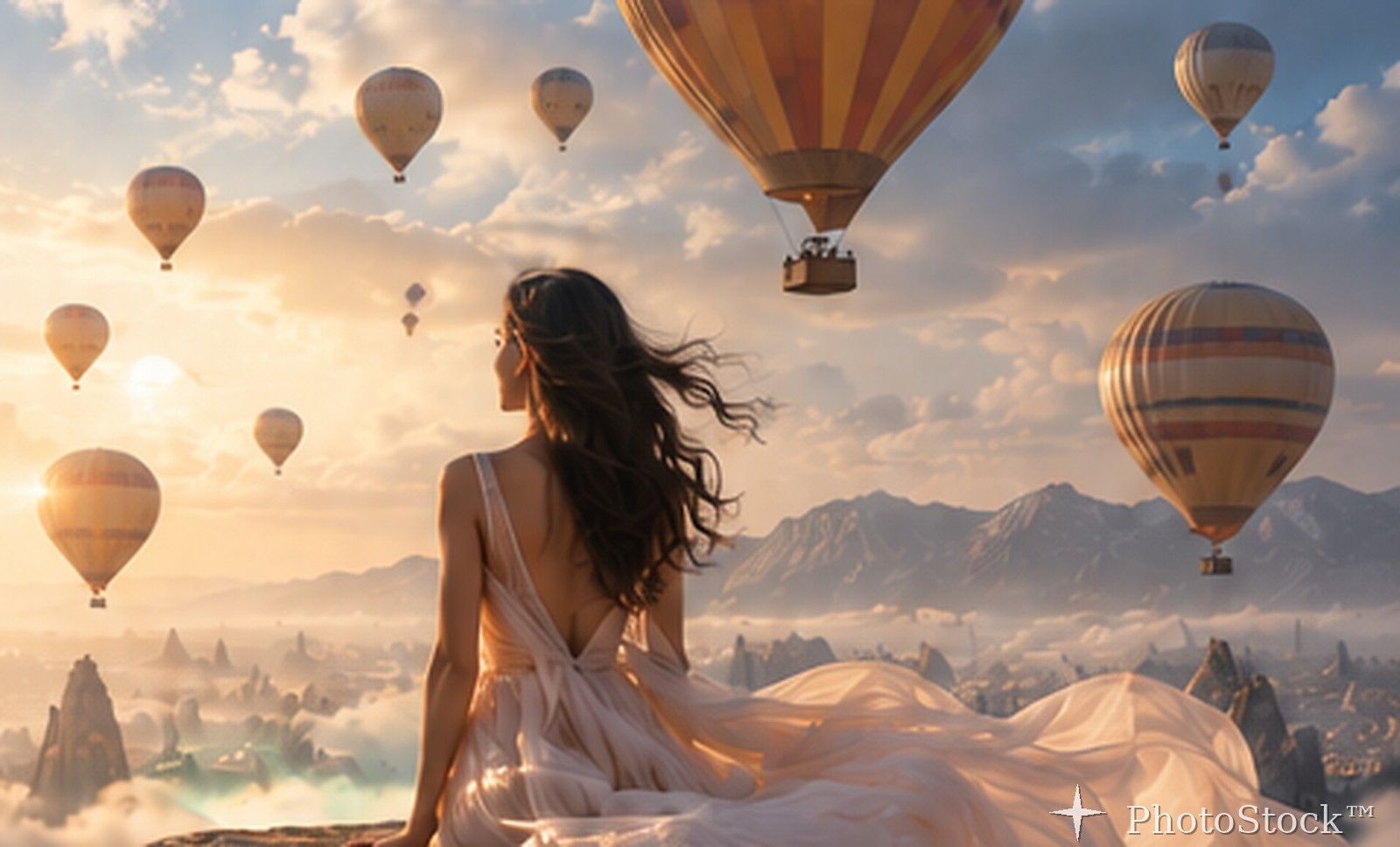 Woman above a balloon-filled mountain city