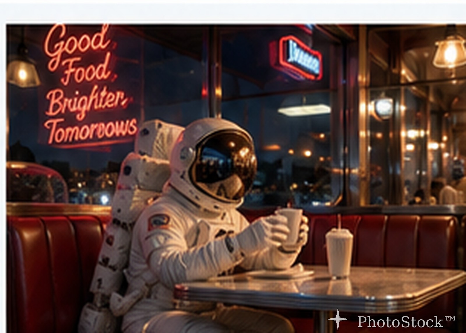 Astronaut alone in a late-night diner