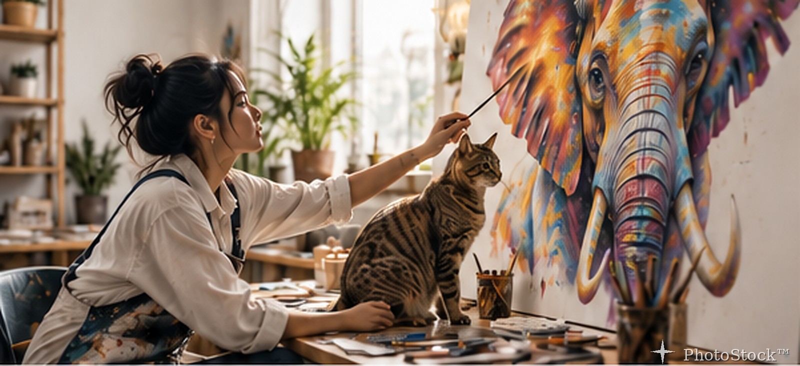 Artist painting a colorful elephant with a cat nearby