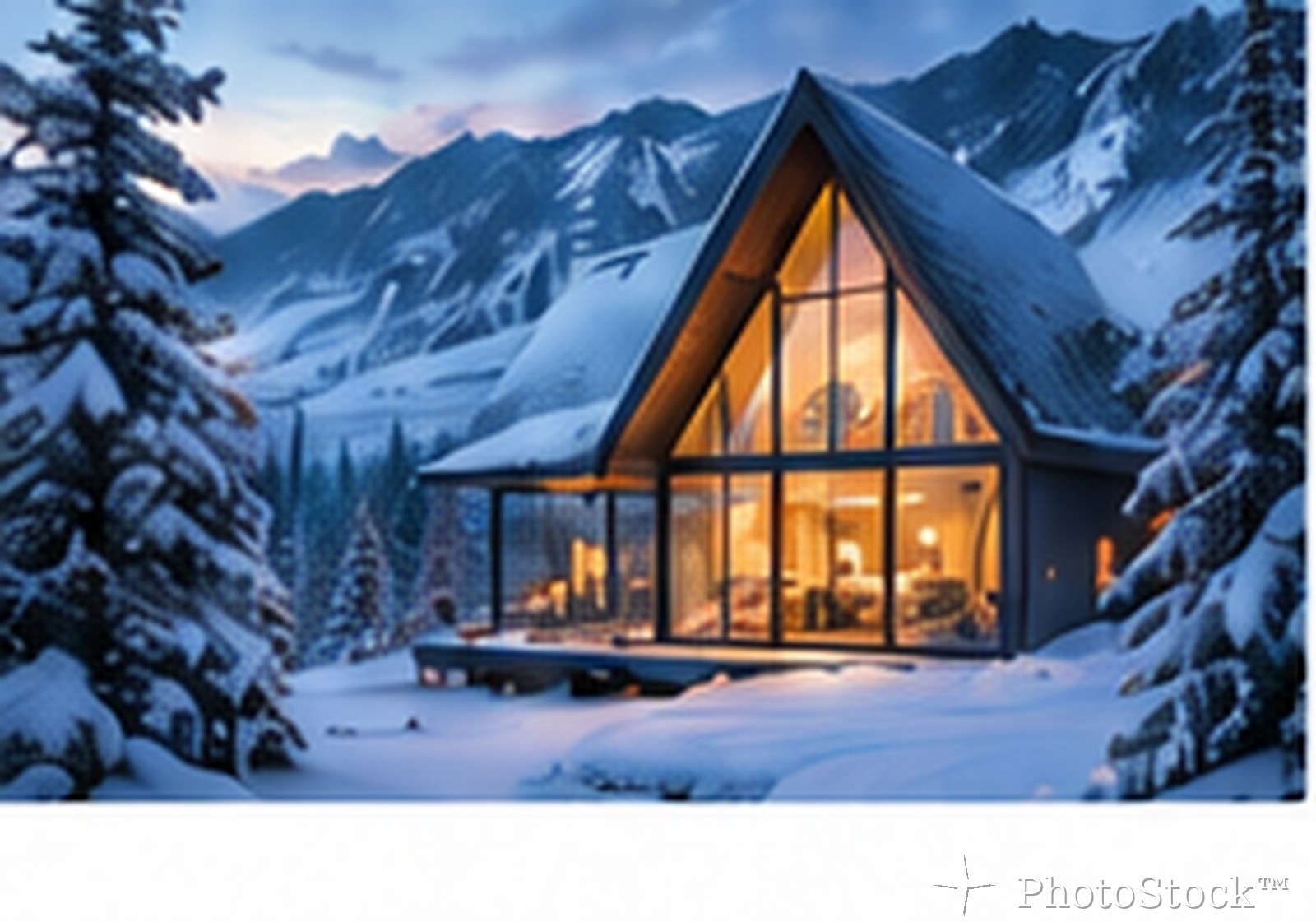 Modern cabin in snowy mountains