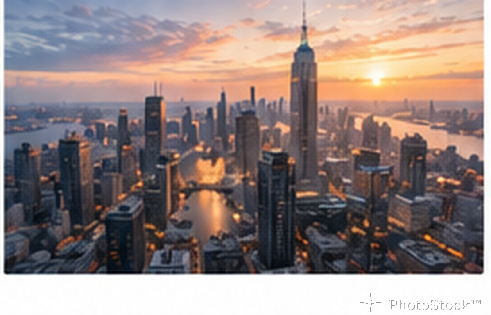 City towers rising above clouds at sunset